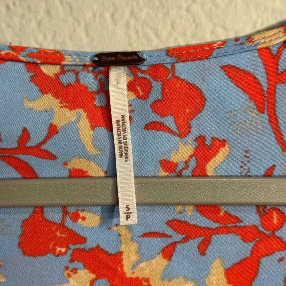Free People Long Sleeve Printed Top V-Neck Blue Orange Small Boho Lightweight